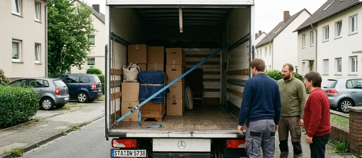 Halb beladener Laderaum, eine Partie ist durch einen quer gespannten Gurt vom freien Teil abgetrennt