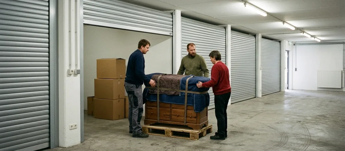 Lagergang mit Rollläden, ein Abteil ist geöffnet und zeigt in Decken gehüllte Möbel auf Paletten