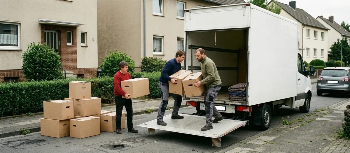 Drei Träger beladen zügig einen Wagen vor einem Mehrfamilienhaus, zwei Kisten gehen gleichzeitig hinein