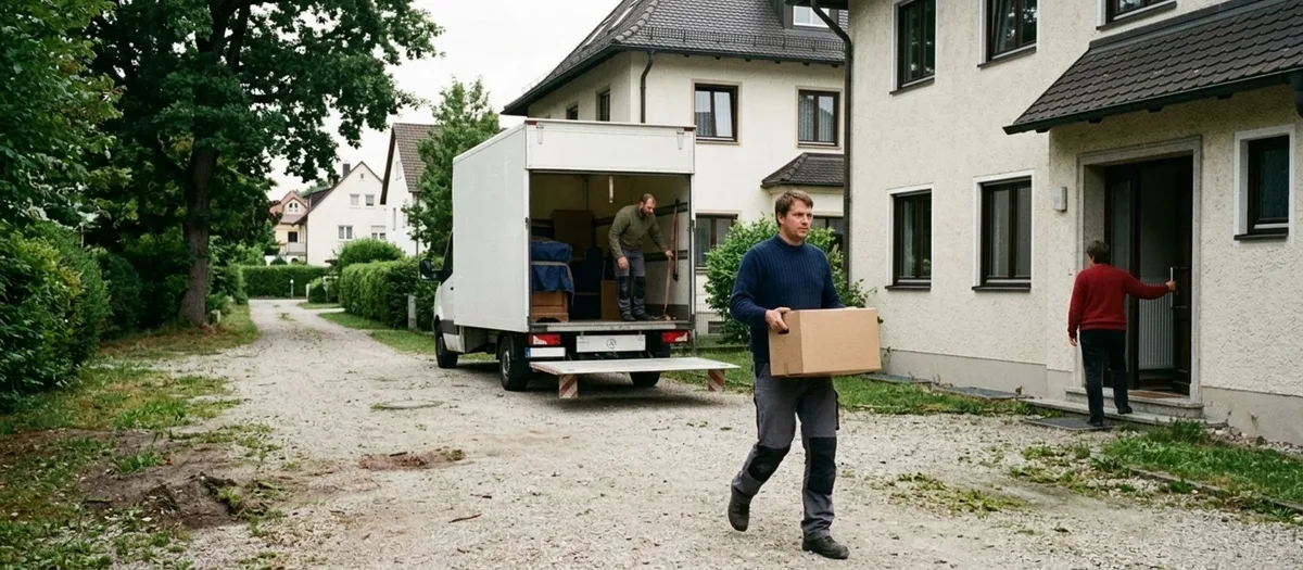 Der Wagen steht am Ende einer langen Zufahrt, ein Träger geht mit einer Kiste über den Kiesweg zum Haus