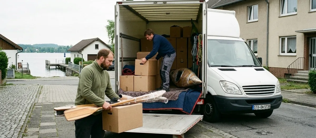 Der Wagen steht am frühen Morgen an einer Straße nahe dem Seeufer, ein Träger lädt Sportgerät ein