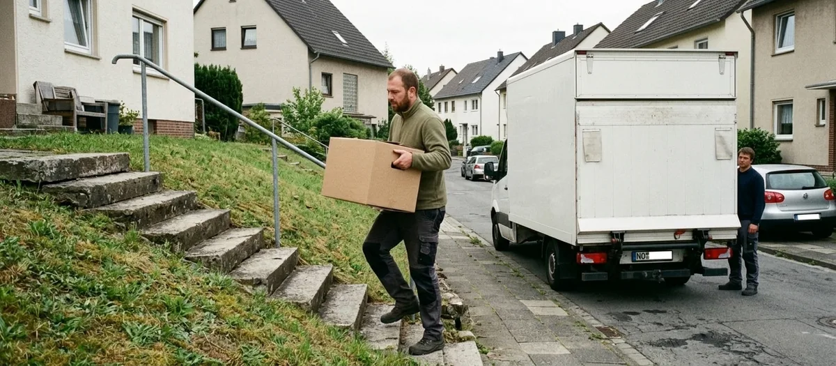 Ein Träger geht mit einer Kiste eine Außentreppe hinauf, der Wagen steht unten an der Anliegerstraße