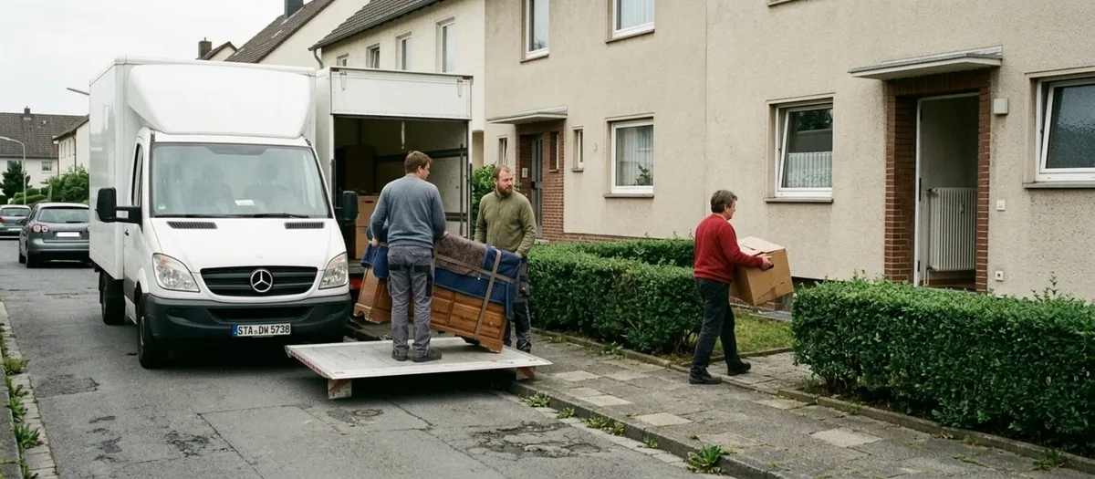 Der Wagen steht an einer schmalen Siedlungsstraße mit zweigeschossigen Häusern, ein Träger geht mit einer Kiste zur Haustür