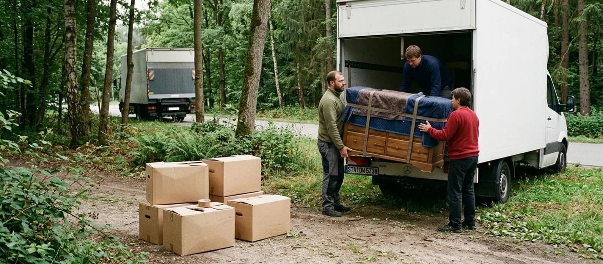 Ein kleineres Fahrzeug steht auf einem unbefestigten Weg am Waldrand, der große Wagen wartet an der asphaltierten Straße