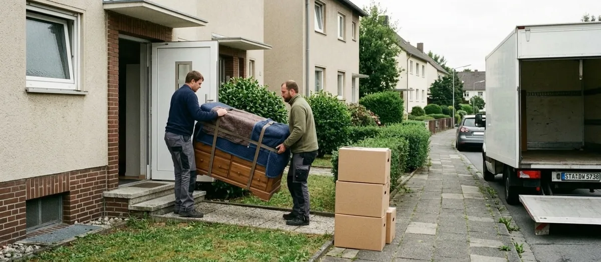 Zwei Träger schieben eine in Decken geschlagene Kommode über die Ladebordwand in den Wagen